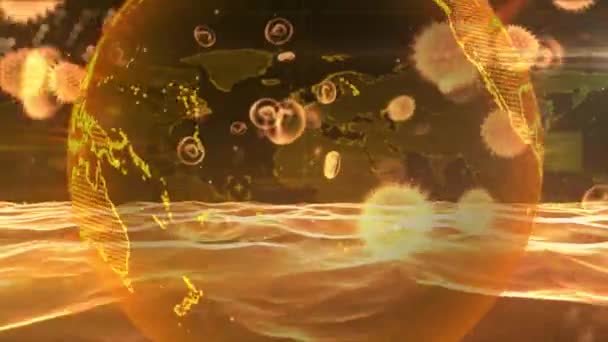 Анімація Вірусу Помаранчевої Макрокорони Поширюється Плаваюча Помаранчева Світиться Глобус Обертається — стокове відео