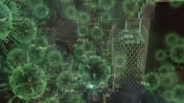 Animering Grön Makrokoronavirus Sprids Och Flyter Med Stadsbilden Bakgrunden Global — Stockvideo