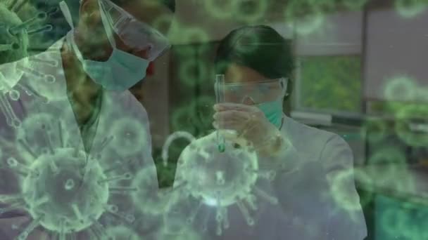 Animation Green Macro Corona Virus Spreading Floating Two Scientists Working — Stock Video