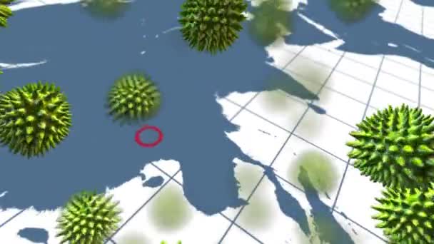 매크로 코로나 바이러스의 애니메이션은 배경의 지도에 나타나는 핀으로 퍼지고 전염병 — 비디오