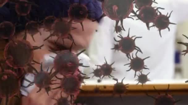 Animation Purple Macro Corona Virus Spreading Floating Sick Caucasian Woman Video Clip