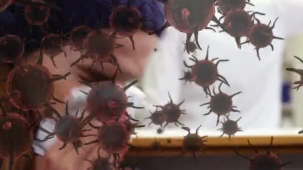 Animation Purple Macro Corona Virus Spreading Floating Sick Caucasian Woman — Stock Video