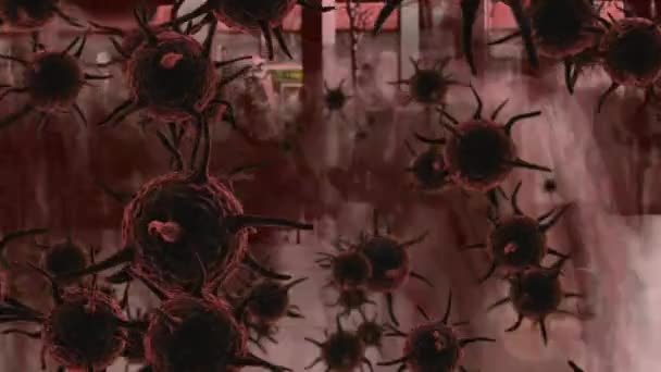 Kahverengi Makro Korona Virüsünün Animasyonu Arka Planda Işlek Şehir Caddesinde — Stok video