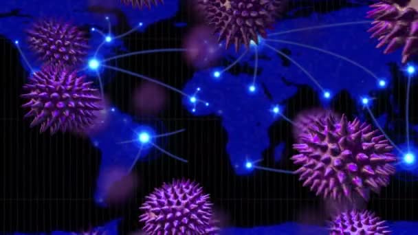 紫色のマクロコロナウイルスのアニメーションが広がり 背景に都市マップと接続のネットワークで浮かんでいます — ストック動画