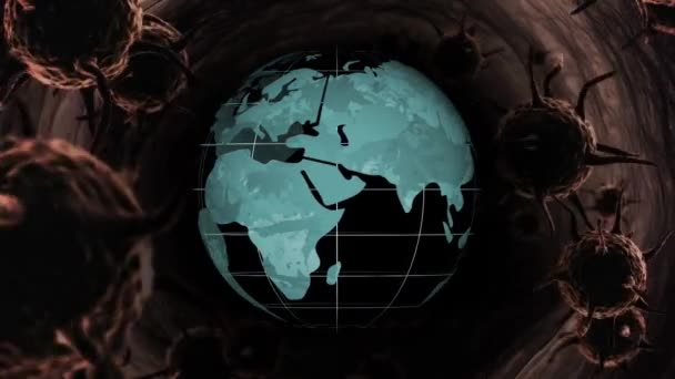 在蓝球旋转的背景下 棕色巨晕病毒的动画传播和漂浮 全球卫生警报恐慌传播感染概念数字组合 — 图库视频影像