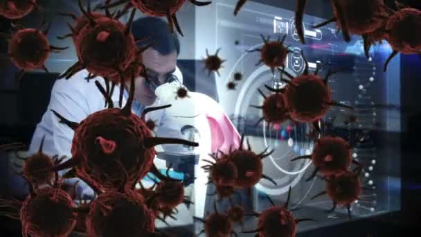 Animation Purple Macro Corona Virus Spreading Floating Male Scientist Working — Stock Video