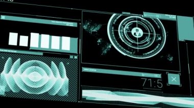 Siyah arkaplan üzerinde dijital bilgisayar arayüzü ekran taraması ve veri işleme animasyonları. 