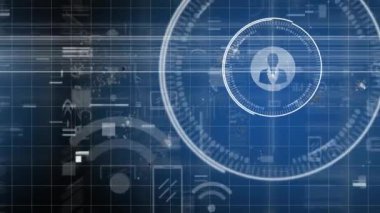 Yanıp sönen mavi arkaplan üzerindeki insan simgeleri, grafikleri ve istatistik veri işleme ağının canlandırılması. 