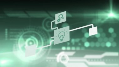 Bağlantı ağının animasyonu bulut hesaplaması ampulle, hat güvenliği, mesaj, kablosuz ağ simgeleri parlayan yeşil arkaplan.