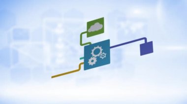 Bağlantı ağının canlandırılması bulut hesaplaması dişliler, bulut, hat güvenliği, mesaj, odak dışı mavi arkaplan ile kablosuz simgeler. 