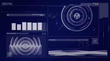 Veri işleme ile dijital bilgisayar arayüzünün animasyonu, istatistikler, mavi arkaplandaki kişilerle bağlantı ağı.