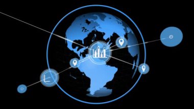 Arka planda dönen dijital küreye sahip istatistik ve konum simgeleriyle bağlantı ağının canlandırılması. 