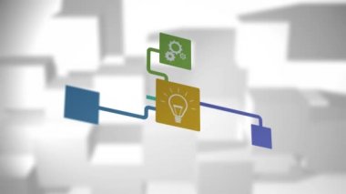 Ampulle hesaplanan bağlantı ağının animasyonu, satır güvenliği, mesaj, odak dışı kablosuz ağ simgeleri arka planda gri ve beyaz küpler. 