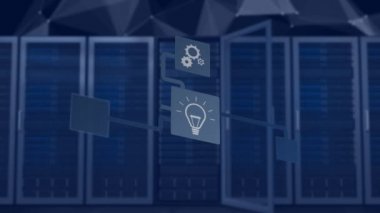 Ampulle hesaplanan bağlantı ağının canlandırılması, satır güvenliği, ileti, kablosuz ağ simgeleri ve bilgisayar işlemcileri arka planda. 