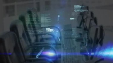 Veri işleme, ikili kodlama, odak dışı ışık yolları arka planda siyah beyaz modern ofis ile animasyon. 