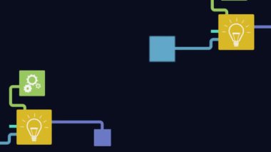Bağlantı ağının animasyonu bulut hesaplaması ampulle, hatta güvenlik, mesaj, siyah arkaplanda kablosuz ağ simgeleri.