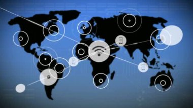 Kablosuz bağlantı ağının canlandırılması ve arka planda dijital dünya haritası olan akıllı telefon simgeleri. 