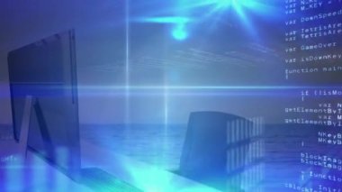 Arkaplanda odak dışı modern ofis ve bilgisayar ekranı ile parlayan kesişen çizgiler ile veri işleme animasyonu.
