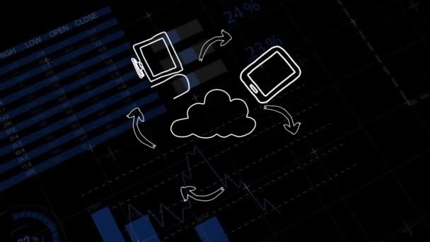 Animacja Sieci Połączeń Cloud Computing Ikonami Chmury Komputera Wykresami Statystyki — Wideo stockowe