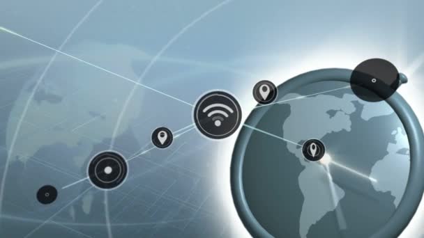 Animacja Sieci Połączeń Odbiorem Wifi Ikonami Lokalizacji Cyfrowym Wirującym Globusem — Wideo stockowe