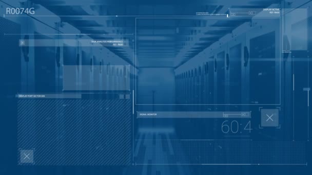 Animation de l'interface informatique numérique avec traitement de données et salle de technologie de processeur informatique sur fond bleu .