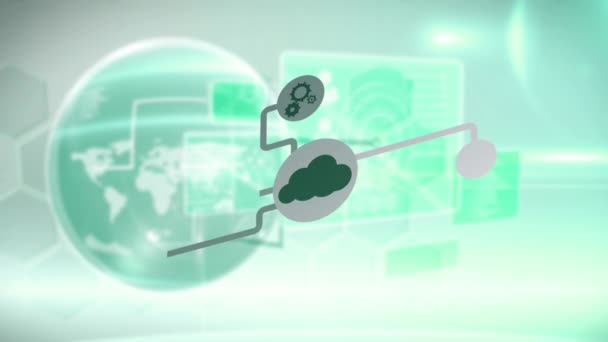 緑の背景に地球との接続クラウドコンピューティングのネットワークのアニメーション クラウド オンラインセキュリティ上 メッセージ 無線Lanアイコン — ストック動画