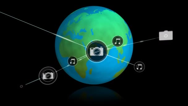 Animacja Sieci Połączeń Ikonami Muzyki Aparatu Fotograficznego Cyfrowym Wirującym Globusem — Wideo stockowe