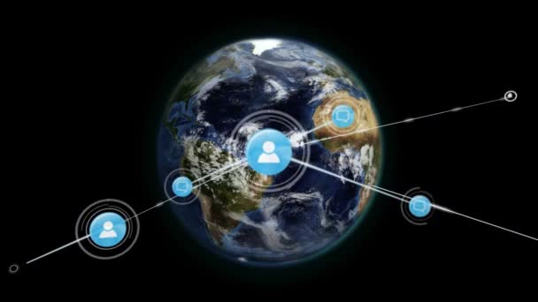 Animation du réseau de connexions avec des personnes icônes avec globe numérique tournant en arrière-plan .