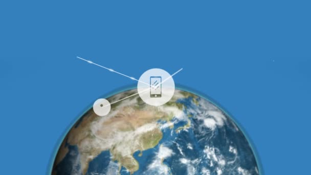 Анимация Сети Связей Музыкой Иконками Смартфонов Фоне Вращения Цифрового Глобуса — стоковое видео