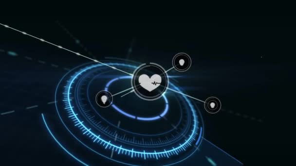 Animación Red Conexiones Con Iconos Corazón Bombilla Con Globo Digital — Vídeo de stock