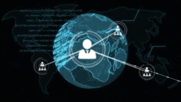 Анімація Мережі Язків Іконками Людей Цифровим Глобусом Обертаються Фоновому Режимі — стокове відео