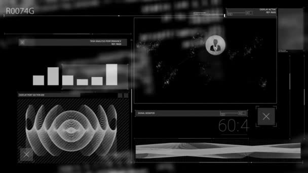 Animação Telas Interface Computador Digital Digitalização Gráficos Estatísticas Processamento Dados — Vídeo de Stock