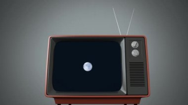 Gri arkaplanda eski televizyon setinde dönen mavi ve beyaz dijital küreyle haber ekranının animasyonu.
