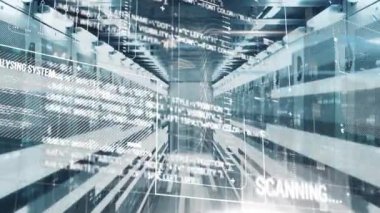 Bilgi işleme ve dijital bilginin animasyonu bir sunucu odasındaki bilgisayar sunucu ağında yüzey üzerinde parlayan beyaz ışık izleriyle birlikte akıyor..