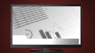 Haber ekranının canlandırması kırmızı ve beyaz pankartta kırmızı ve beyaz harflerle yazılmış kırmızı ve beyaz pankartıyla, kırmızı arkaplanda televizyon ekranında gösterilen tablolar ve istatistikler..