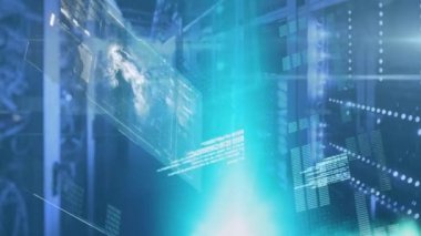 Bilgi işleme ve dijital bilginin animasyonu bir sunucu odasındaki bilgisayar sunucu ağında yüzey üzerinde parlayan beyaz ışık izleriyle birlikte akıyor..