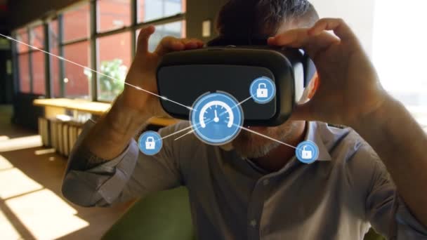 Animation Network Connections Online Security Icons Man Wearing Virtual Reality — Stock Video