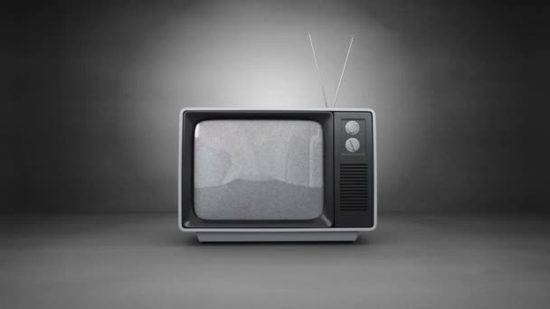 単語とニュース画面のアニメーション赤で書かれたニュース 赤と白のデジタル地球の回転 グレーの背景に設定されたヴィンテージテレビに表示される情報処理 — ストック動画