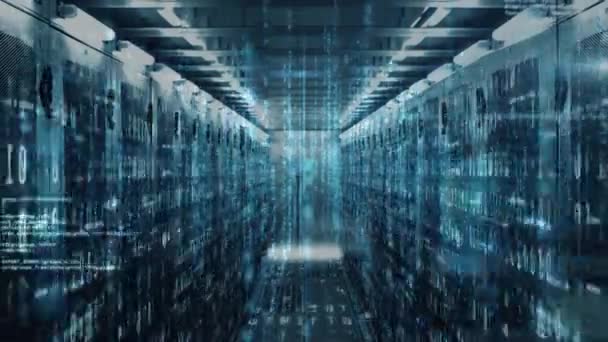 Animation du traitement des données et de l'information numérique circulant à travers le réseau de serveurs informatiques dans une salle de serveurs avec des pistes de lumière blanche clignotant sur la surface . 