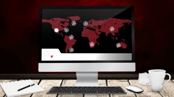 赤い世界地図と赤い世界地図と赤い背景を持つ机の上のコンピュータモニタ画面に表示される場所のポイントで書かれたニュースを破る — ストック動画