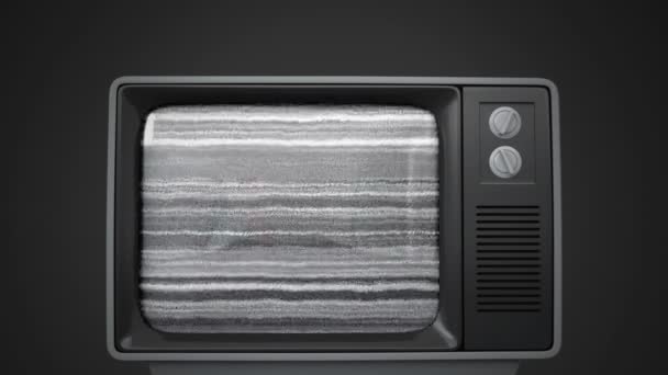 红色和白色数字地球旋转的电视屏幕动画 信息处理和白色箭头指向上方 显示在灰色背景的老式电视机上 — 图库视频影像