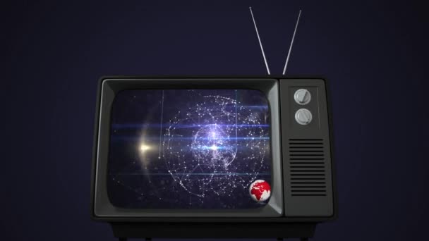 Animation of the news screen with the word Hírek pirossal írva a piros-fehér banner, világító földgömb forgó jelenik meg vintage televízió, kék alapon.