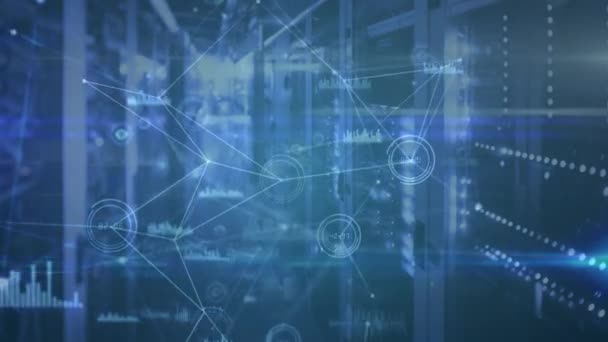 Animation du réseau de connexions, de traitement de données et d'informations numériques circulant à travers le réseau de serveurs informatiques dans une salle de serveurs .