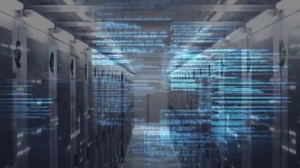サーバールーム内のコンピュータサーバーのネットワークを介して流れるデータ処理とデジタル情報のアニメーション — ストック動画