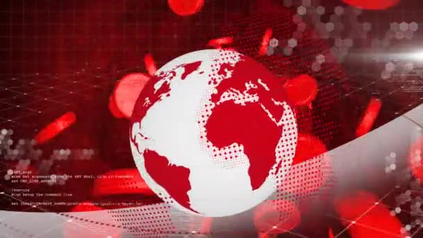 Animation du globe numérique blanc et rouge tournant, traitement de l'information avec des globules rouges macro se déplaçant en arrière-plan . 