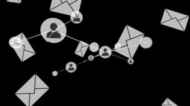 İnsanlarla bağlantı ağının canlandırılması dijital veri işleme simgeleri, siyah arkaplana düşen zarf e- posta simgeleri. Küresel bağlantılar ağ iş konsepti dijital olarak oluşturulmuş görüntü ağı.