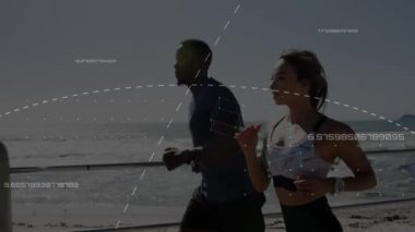 Arka planda koşan erkek ve bayan sporcularla bağlantı ağının animasyonu, veri işleme ve istatistik kaydı.