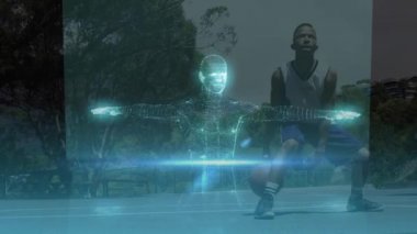 Veri işleme animasyonu ve arka planda bir topla çalışan erkek basketbolcuyla dönen insan 3D parıldayan modeli. Küresel spor ve teknoloji istatistikleri veri işleme kavramı dijital bileşimi.