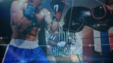 Veri işleme ve istatistik kaydının animasyonu. İki erkek atlet boksör antrenörleriyle antrenman yapıyor ve arka plandaki ilerlemelerini izliyorlar.. 