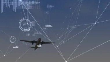 Arka planda mavi gökyüzünde uçan uçaklarla küresel bağlantı ve veri işleme ağının animasyonu. Küresel bağlantılar seyahat kavramı dijital kompozit.